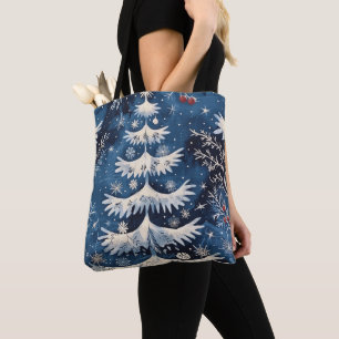 Blå vit Julgran Helgdag Tote Bag Tygkasse