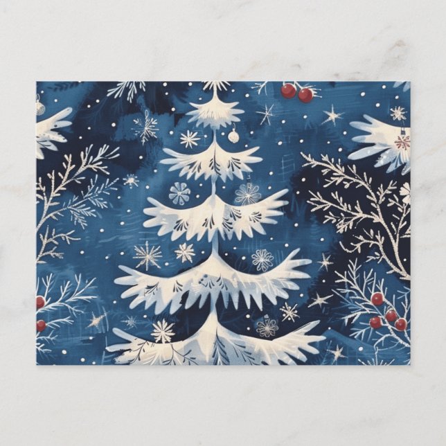 Blå Vit Julgran Postkort Vykort (Framsida)
