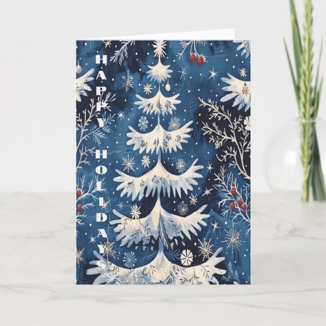 Blå Vit Julgran Semesterkort Kort (Framsida)