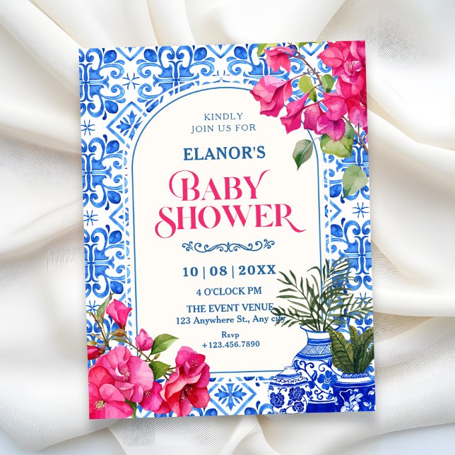 Blå vit kakel konstnärlig baby shower inbjudningar (Skapare uppladdad)