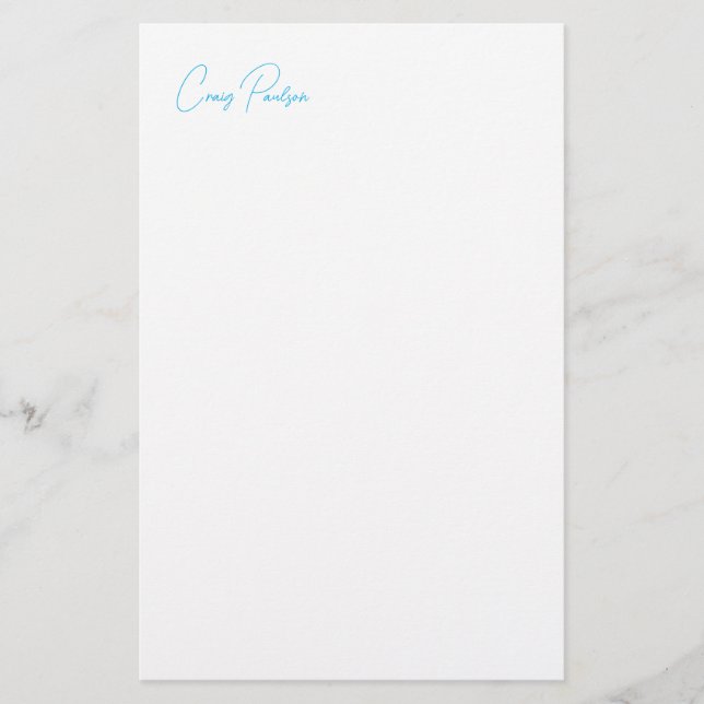 Blå Vit Kalligrafi För Ditt Namn Unik Minimalistis Brevpapper (Framsida)