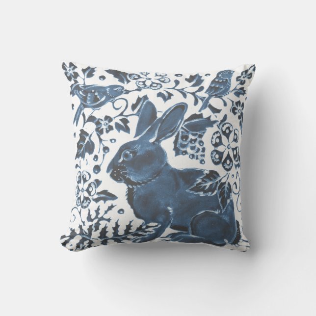 Blå vit kanin Bird Löv Art Deco Asian Kudde (Framsida)