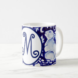 Blå vit kanin Blommigt Monogram Elegant Kaffemugg