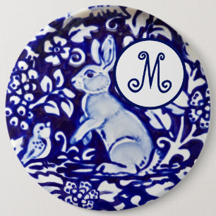 Blå vit kanin Blommigt Monogram Elegant Knapp