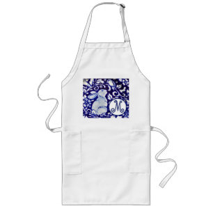 Blå vit kanin Blommigt Monogram Elegant Långt Förkläde