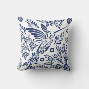 Blå & Vit Kolibri Mexikansk Floral Talavera Kudde