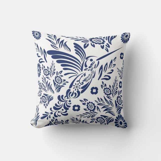Blå & Vit Kolibri Mexikansk Floral Talavera  Kudde (Framsida)