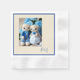 Blå vit kroschett figurine bröllop par pappersservett