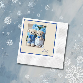 Blå vit kroschett figurine bröllop par pappersservett