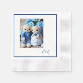 Blå vit kroschett figurine bröllop par pappersservett