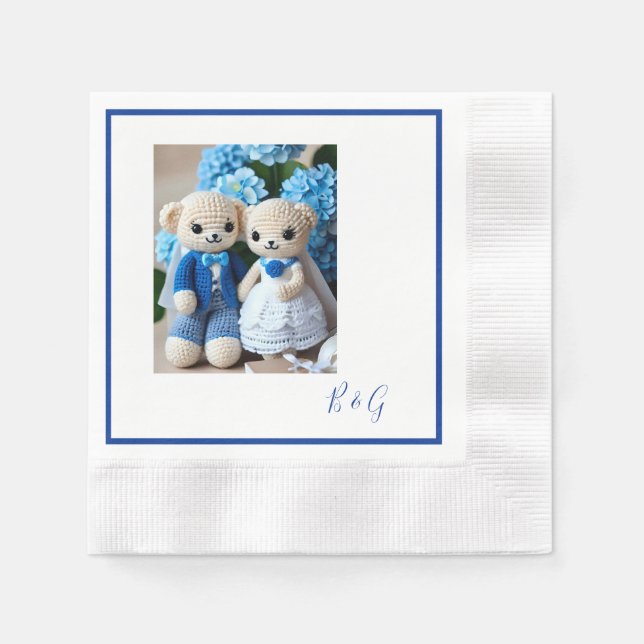 Blå vit kroschett figurine bröllop par pappersservett (Framsidan)