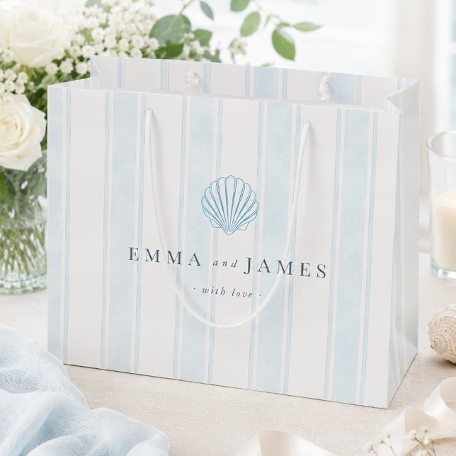 Blå Vit Kust Snigelskal Vit Blå Bröllop  (Blue White Coastal Seashell White Blue Wedding Large Gift Bag)
