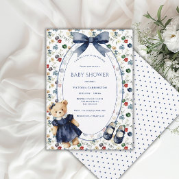 Blå & Vit Liten Dam Floral Björn Vintage Flicka Inbjudningar