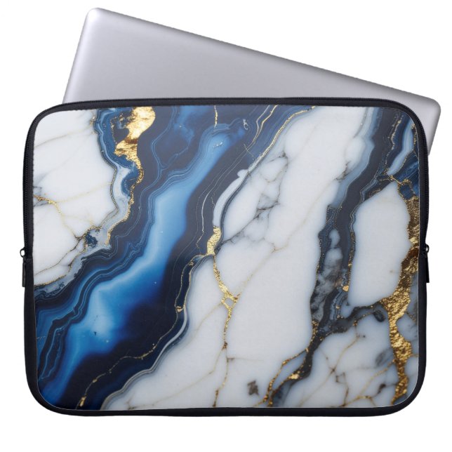 blå vit marmorerad textur guld textur mönster lyx laptop fodral (Framsidan)