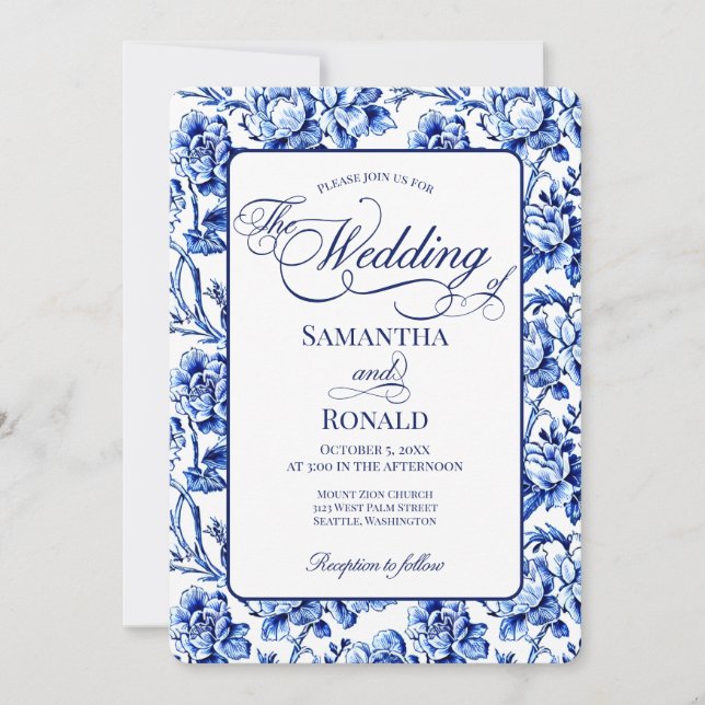 Blå & Vit med Kalligrafi Blommig Toile Bröllop Inbjudningar (Framsida)