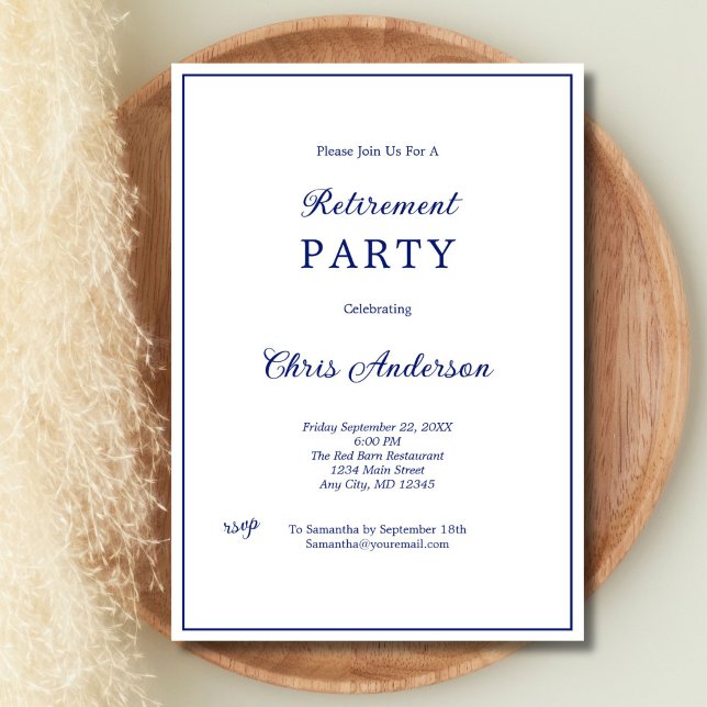 Blå Vit Minimalistisk Enkel Modern Pensionärsfest Inbjudningar (Blue White Minimalist Simple Retirement Party invitation for him or her, Professional Business )