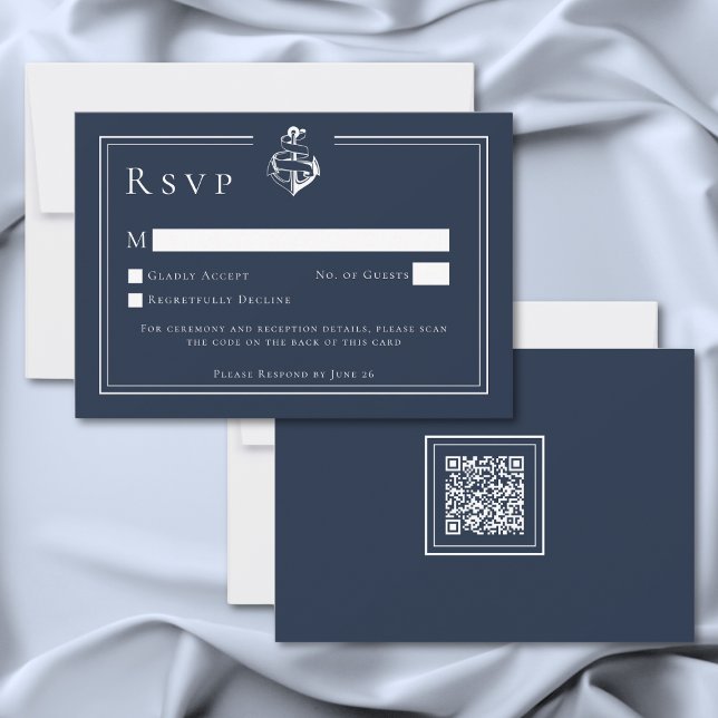 Blå Vit Minimalistisk Marin Ankare Kustbröllop OSA Kort (Blue White Minimal Nautical Anchor Coastal Wedding RSVP Card)