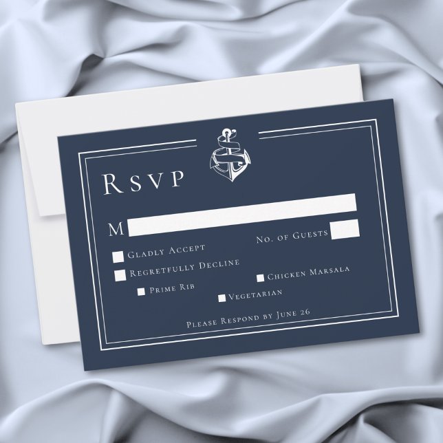 Blå Vit Minimalistisk Marin Ankare Kustbröllop OSA Kort (Blue White Minimal Nautical Anchor Coastal Wedding RSVP Card)