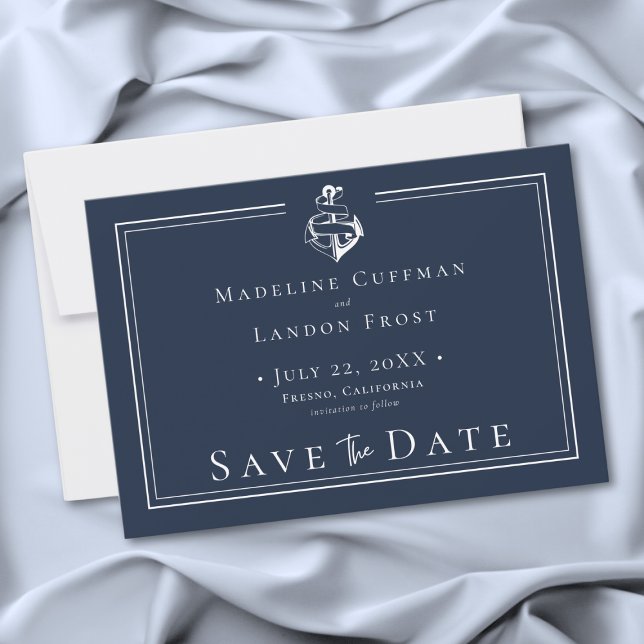Blå Vit Minimalistisk Marin Ankare Kustbröllop Spara Datumet (Blue White Minimal Nautical Anchor Coastal Wedding Save the Date)