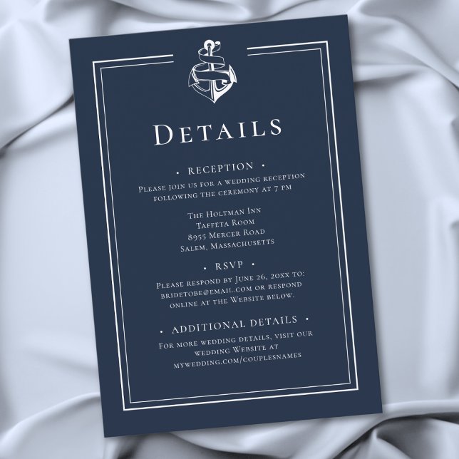 Blå Vit Minimalistisk Marin Ankare Kustbröllop Tilläggskort (Blue White Minimal Nautical Anchor Coastal Wedding Details Enclosure Card)