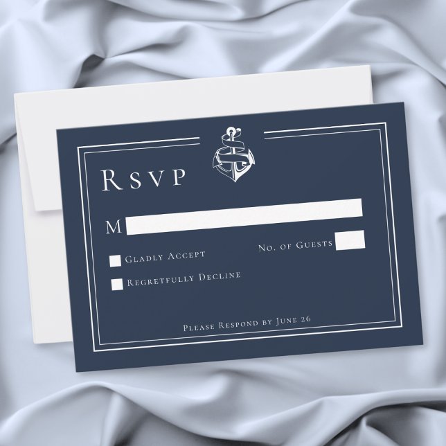 Blå Vit Minimalistisk Marin Ankare Kustnära Bröllo OSA Kort (Blue White Minimal Nautical Anchor Coastal Wedding RSVP Card)