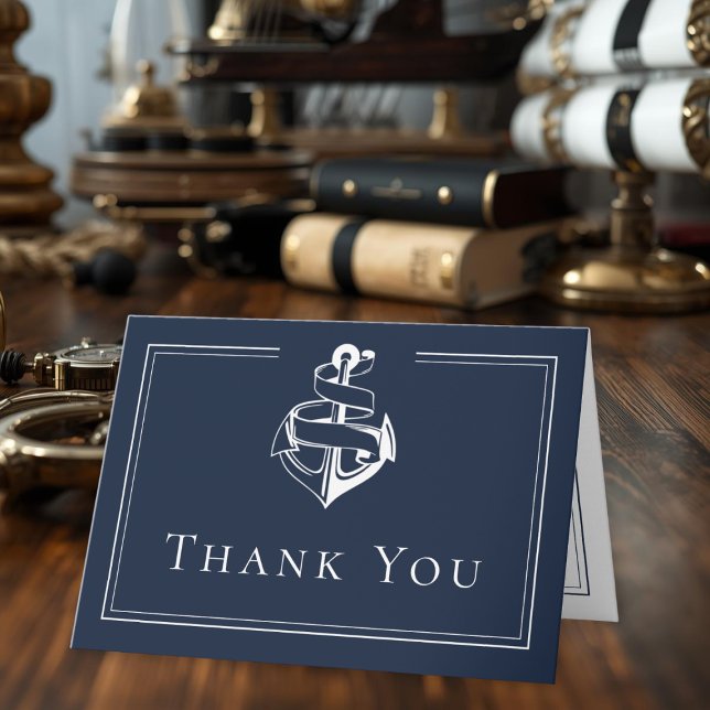 Blå Vit Minimalistisk Marin Ankare Kustnära Bröllo Tack Kort (Blue White Minimal Nautical Anchor Coastal Wedding Thank You Card)