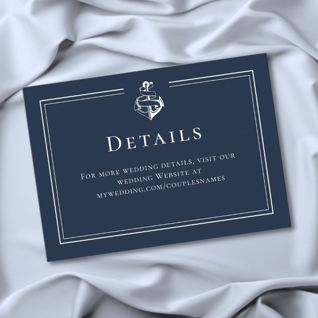 Blå Vit Minimalistisk Marin Ankare Kustnära Bröllo Tilläggskort (Blue White Minimal Nautical Anchor Coastal Wedding Details Enclosure Card)