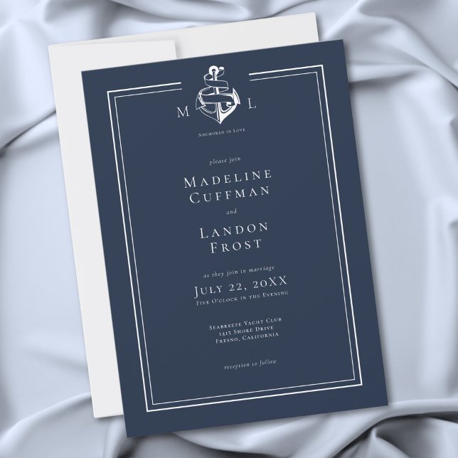 Blå Vit Minimalistisk Nautilus Ankare Kustbröllop Inbjudningar (Blue White Minimal Nautical Anchor Coastal Wedding Invitation)