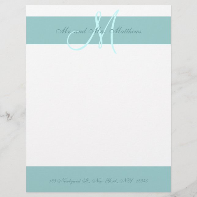 Blå vit monogram Letterhead för Newlyweds (Framsida)