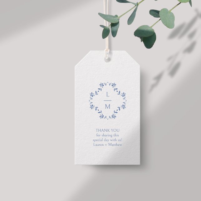 Blå & Vit Monogram Tacksamtgåva till Bröllopsetike Presentetikett (Skapare uppladdad)