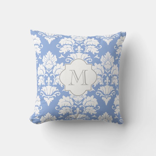Blå vit- och bröllopsblå Damask Monogrammed Pillow Kudde (Framsida)