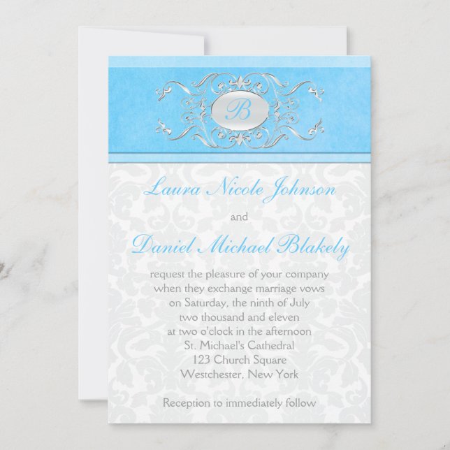 Blå, vit och grå damast-monogram inbjudningar (Framsida)