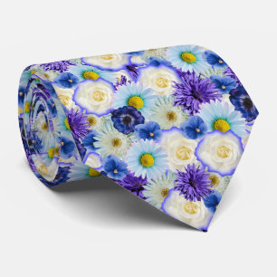 Blå vit och Gula blommor Blommigt Collage Slips