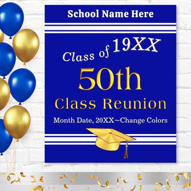 Blå, vit och Guld, 50:e klass Reunion-idéer. Fototryck (50th class reunion decorations, blue, white and gold high school reunion poster. 50 year reunion.)