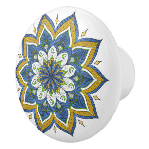 Blå, vit och Guld Mandala Ceramic Knob Knopp