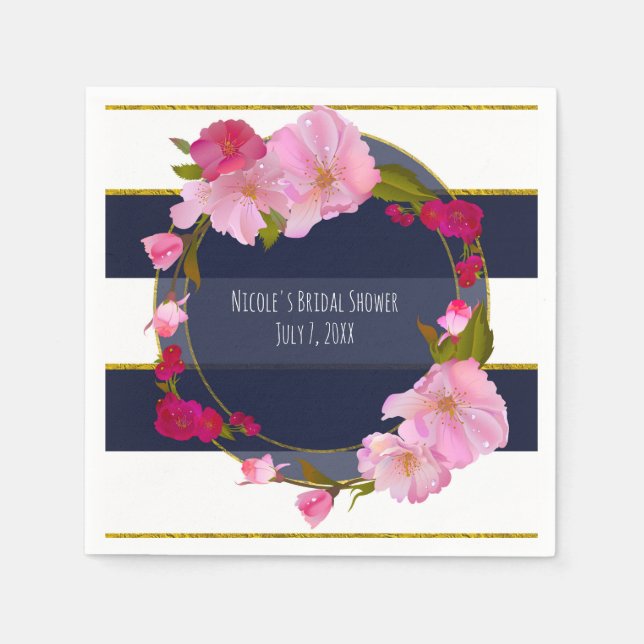 Blå Vit och Guld Modern Blommig Chic Glam Fest Pappersservett (Framsidan)