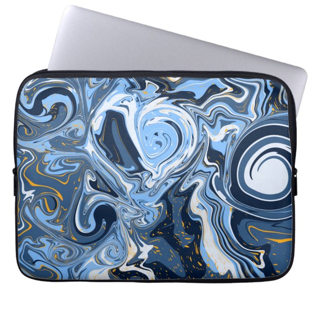 Blå, vit och Guld Swirls Fluid Art Laptop Fodral (Framsidan)