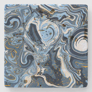 Blå, vit och Guld Swirls Fluid Art Stenunderlägg