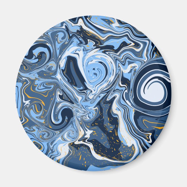 Blå, vit och Guld Swirls Fluid Marble Magnet (Framsidan)