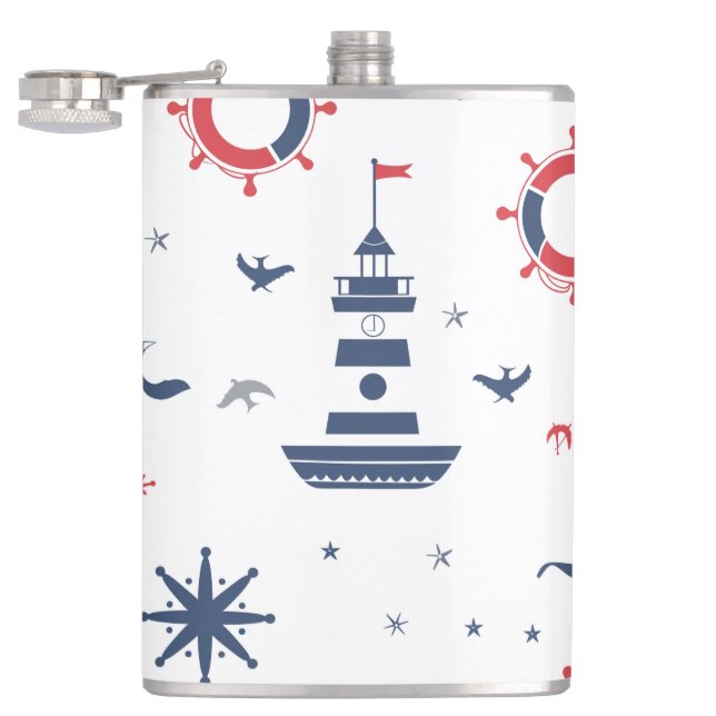 Blå, vit och röd nautisk design fickplunta (Öppnad)