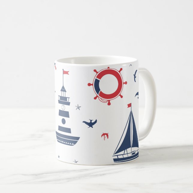 Blå, vit och röd nautisk design kaffemugg (Framsida höger)