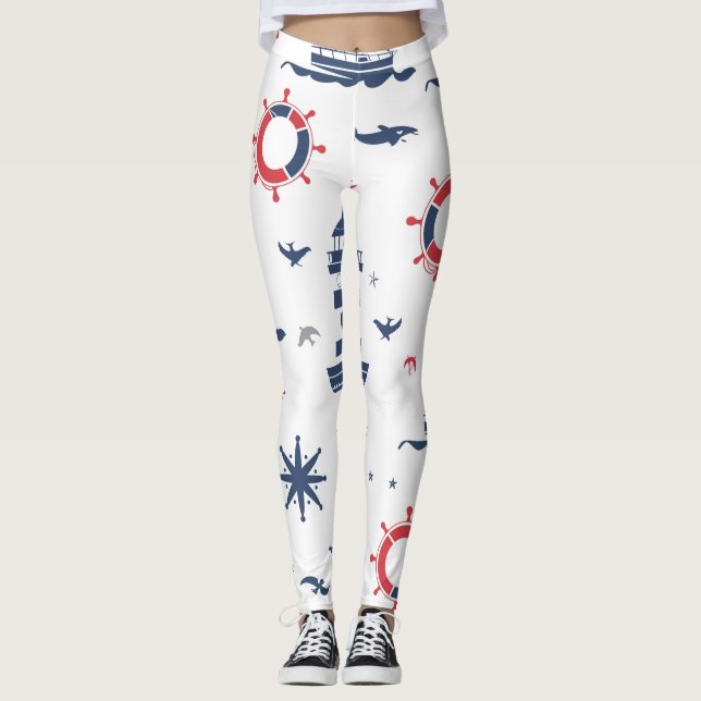 Blå, vit och röd nautisk design leggings (Framsida)