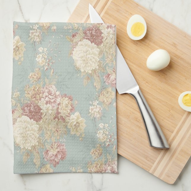 Blå vit och Rosa Blommigt Shabby chic Blommor Kökshandduk (Vikt i Fjärdedel)