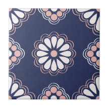 Blå, vit och Rosa Geometric Flowers Tile