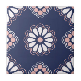 Blå, vit och Rosa Geometric Flowers Tile Kakelplatta