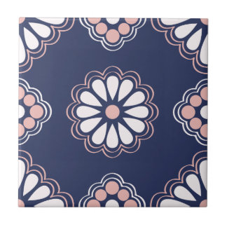 Blå, vit och Rosa Geometric Flowers Tile Kakelplatta