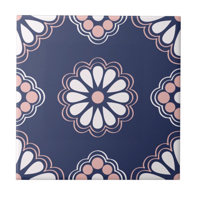 Blå, vit och Rosa Geometric Flowers Tile Kakelplatta (Framsidan)