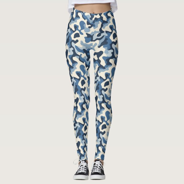 Blå, vit och svart Retro Camo Mönster Leggings (Framsida)