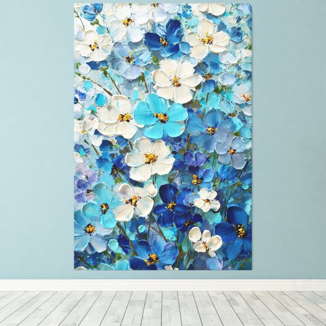 Blå, vit och turkos blomster abstrakt väggkonst canvastryck (Insitu (trägolv))