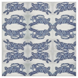 Blå vit orientalisk kanin Stil Designer Fabric Tyg